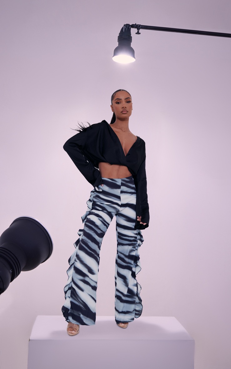 Black Zebra Printed Frill Wide Leg Trousers