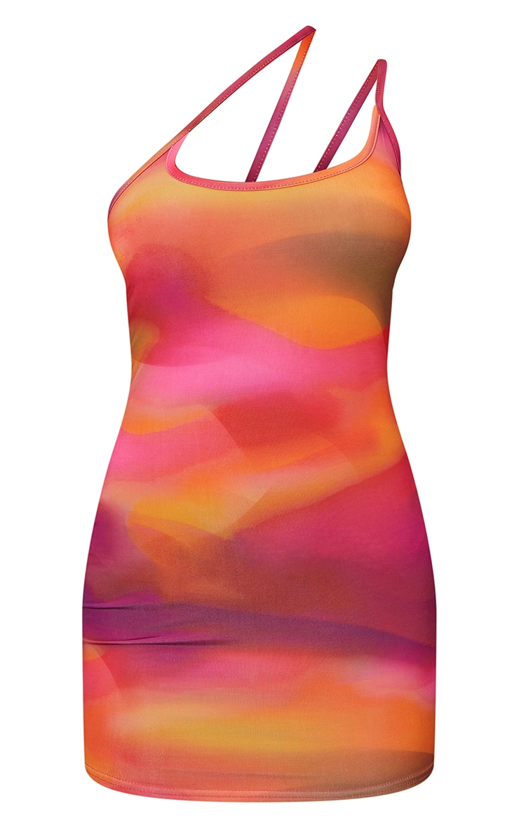 Petite Pink Abstract Print Slinky Asymmetric Strap Detail Bodycon Dress image 6