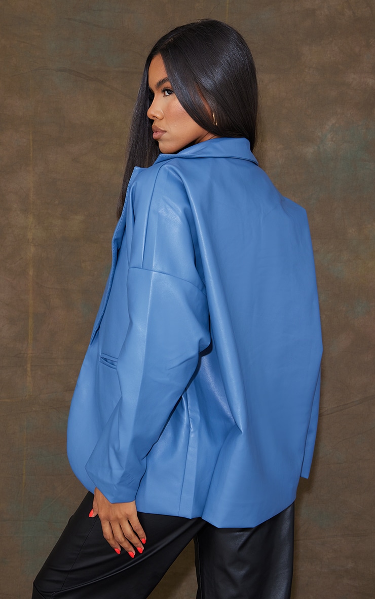 Blue Faux Leather Drop Shoulder Oversized Dad Blazer image 2