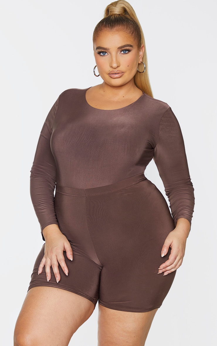 Plus Dark Brown Slinky Crew Neck Long Sleeve Bodysuit