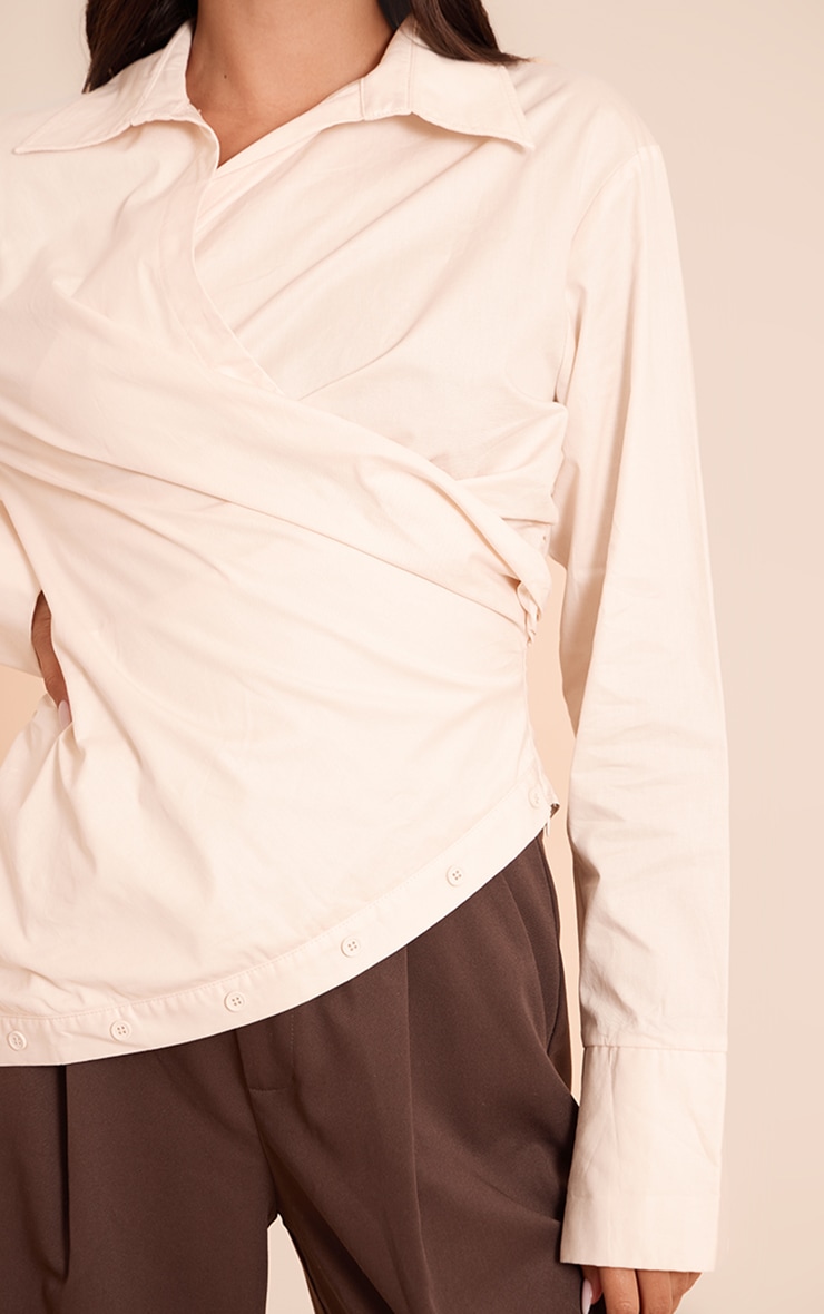 Cream Ruched Wrap Detail Long Sleeve Shirt image 4