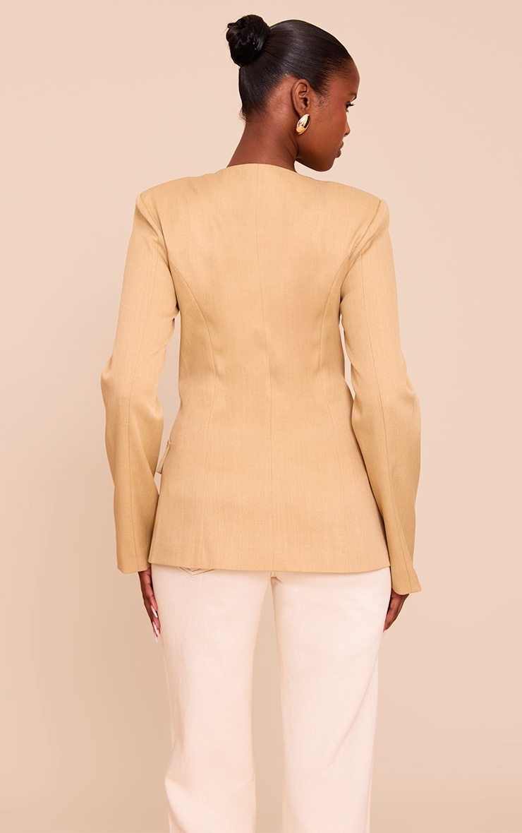 Sand Collarless Cinched Waist Boxy Blazer image 2