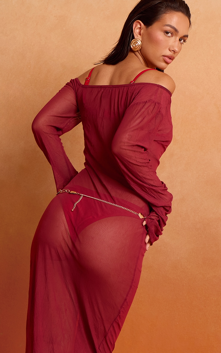 Deep Red Crushed Mesh Maxi Beach Dress image 2