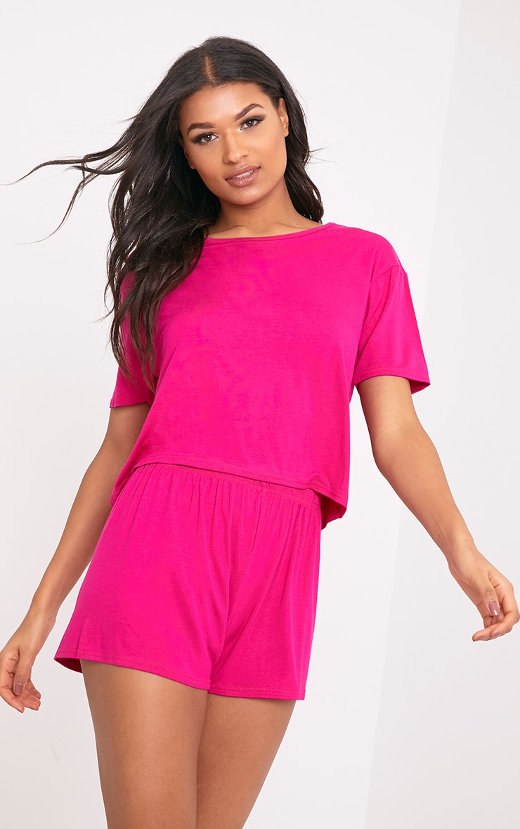 Basic Hot Pink Short Pj Set Onesies & Nightwear PrettyLittleThing