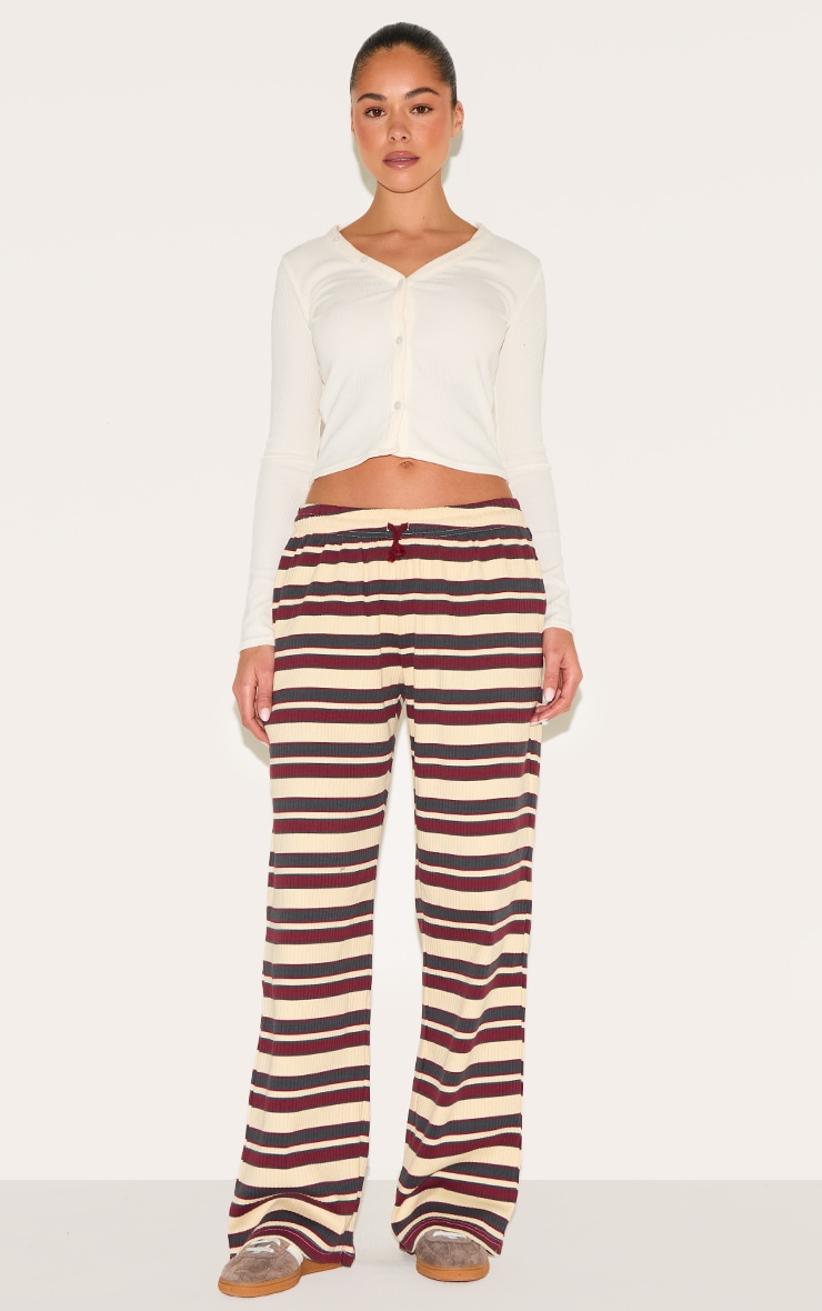 Burgundy Striped Rib Drawstring Wide Leg Pants image 2