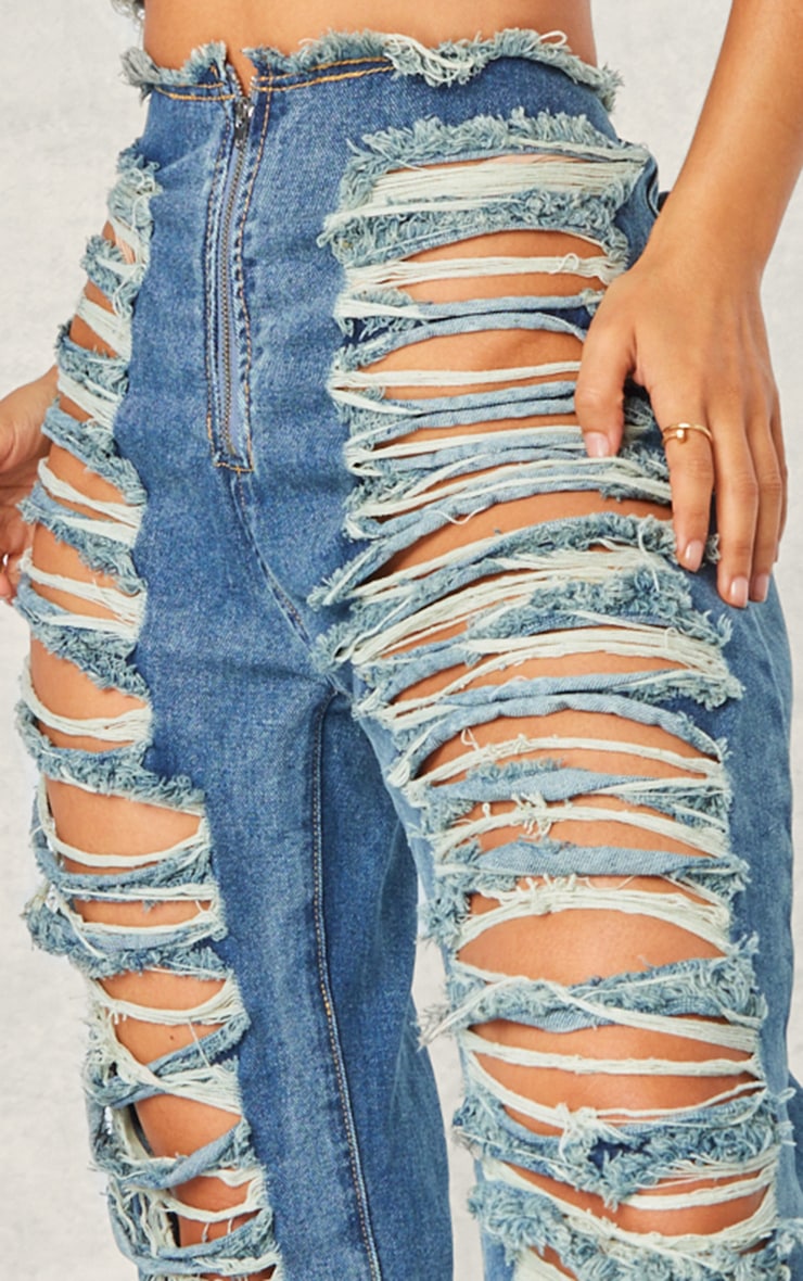 Petite Blue Denim Extreme Ripped Straight Leg Jeans image 4