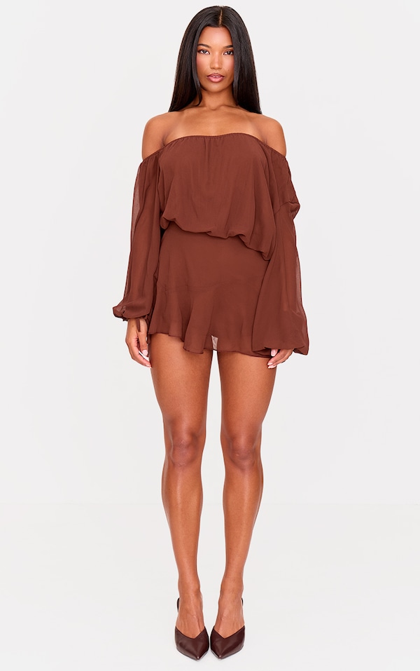 Chocolate Chiffon One Shoulder Floaty Detail  Skort Playsuit