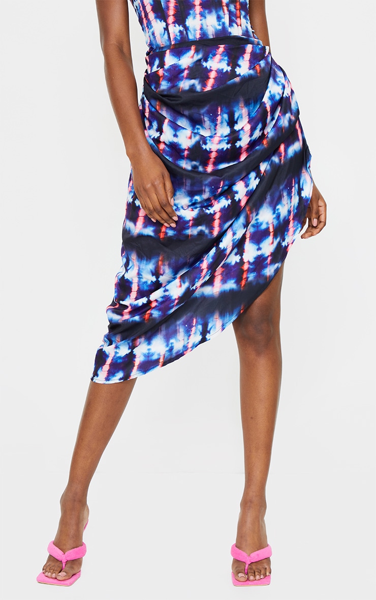 Tall Navy Tie Dye Ruched Side Midi Skirt image 2