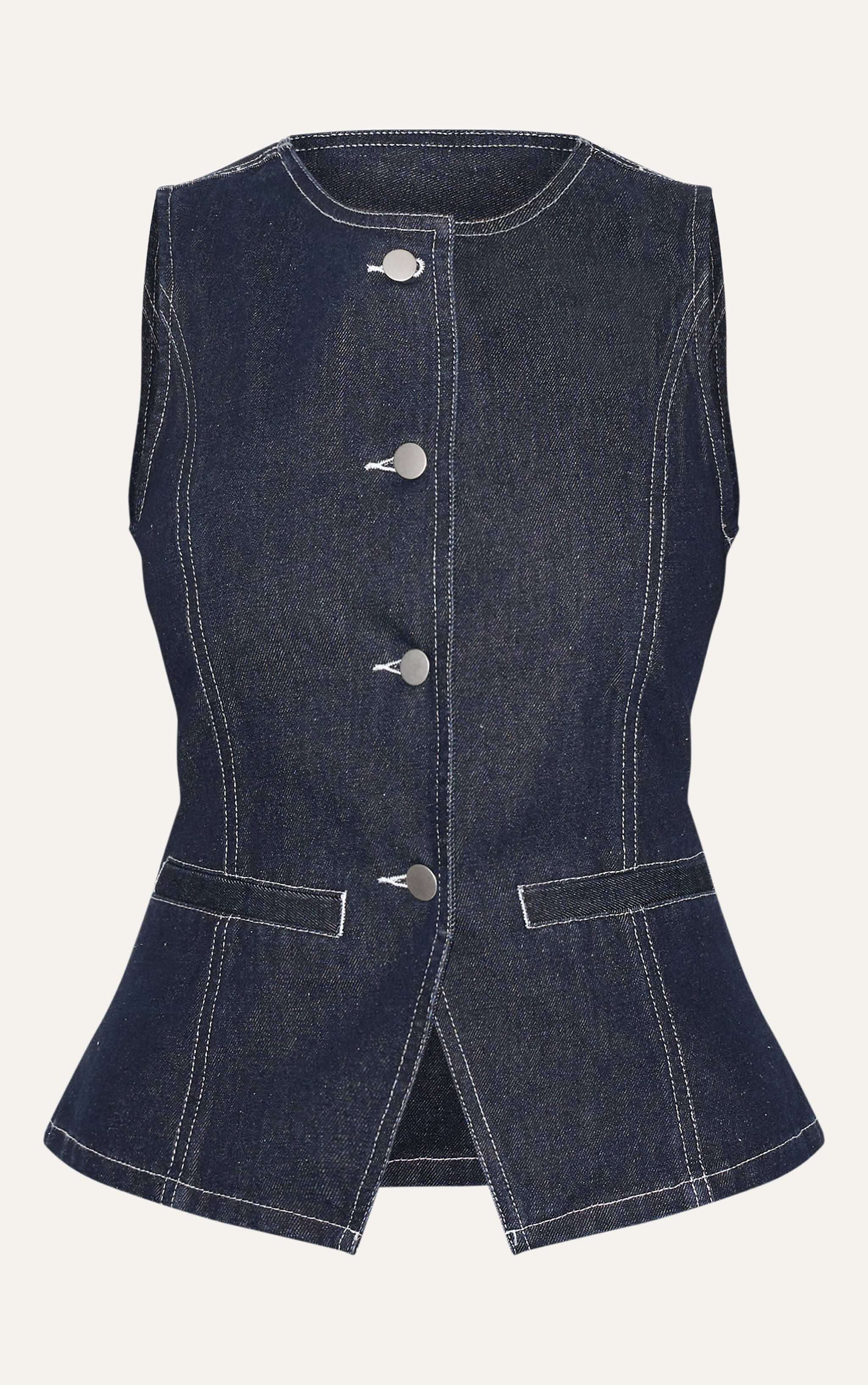 Gilet long en jean indigo délavé à col rond image 5
