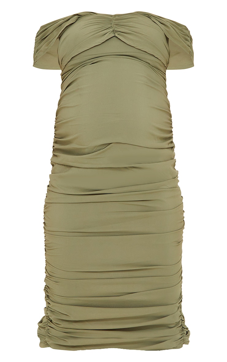 Maternity Green Bardot Ruched Midi Dress image 5