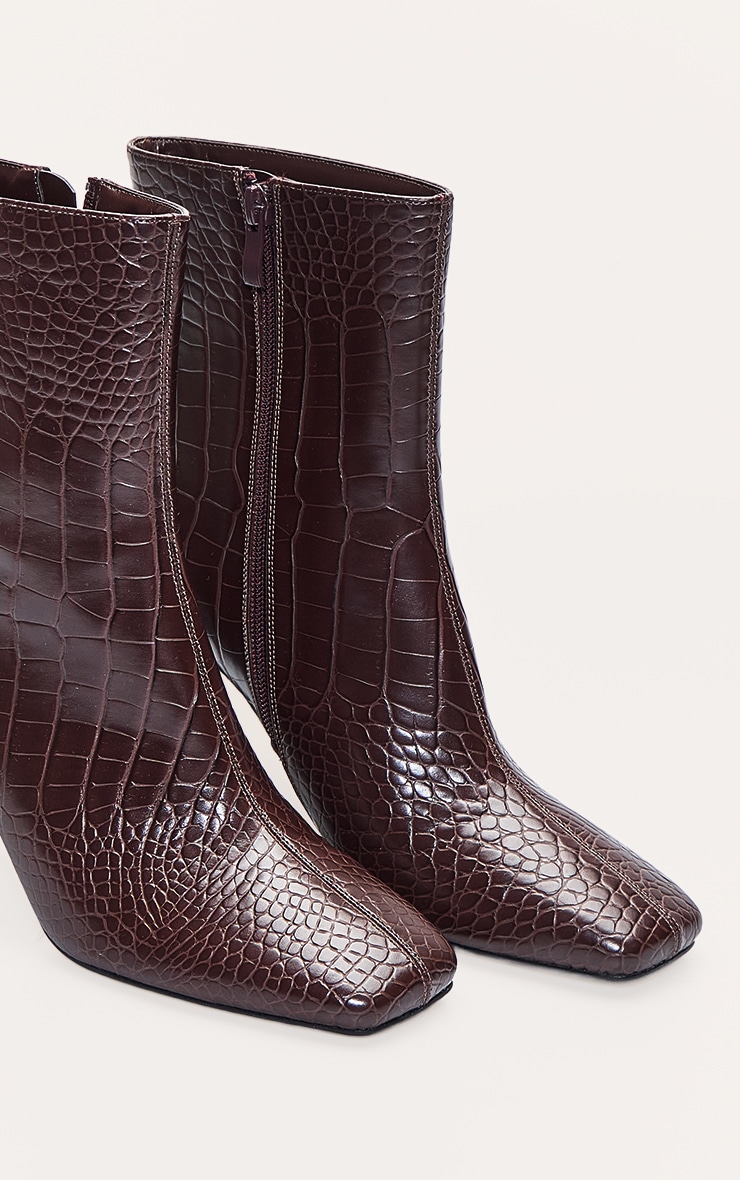 Chocolate Croc PU Slim Block Heel Ankle Boots image 5