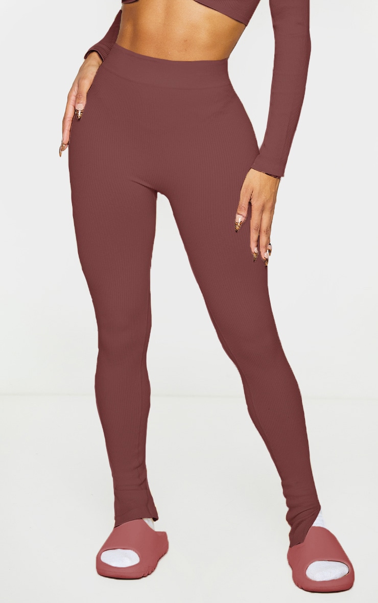 Shape Chocolate Brown Snatched Ribbed Split Hem Leggings image 2