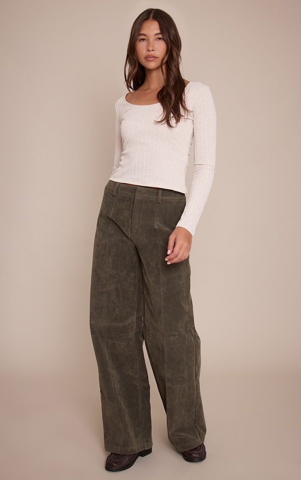 Khaki Faux Suede Straight Leg Pants