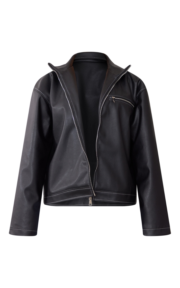 Petite Black Contrast Stitch PU Biker Jacket Petite PLT UAE
