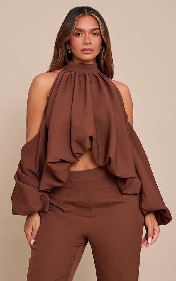 Shape Chocolate Cold Shoulder Puffball Halterneck Top