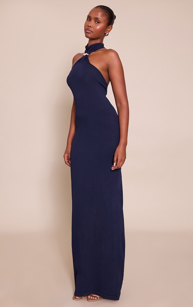 Navy Trim Halter Neck Knitted Maxi Dress image 3