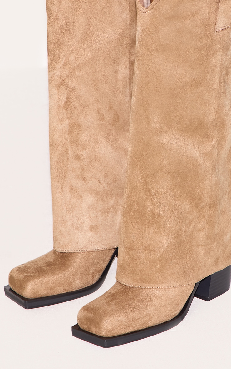 Stone Faux Suede Square Toe Fold Over Knee High Block Heel Western Boots image 4