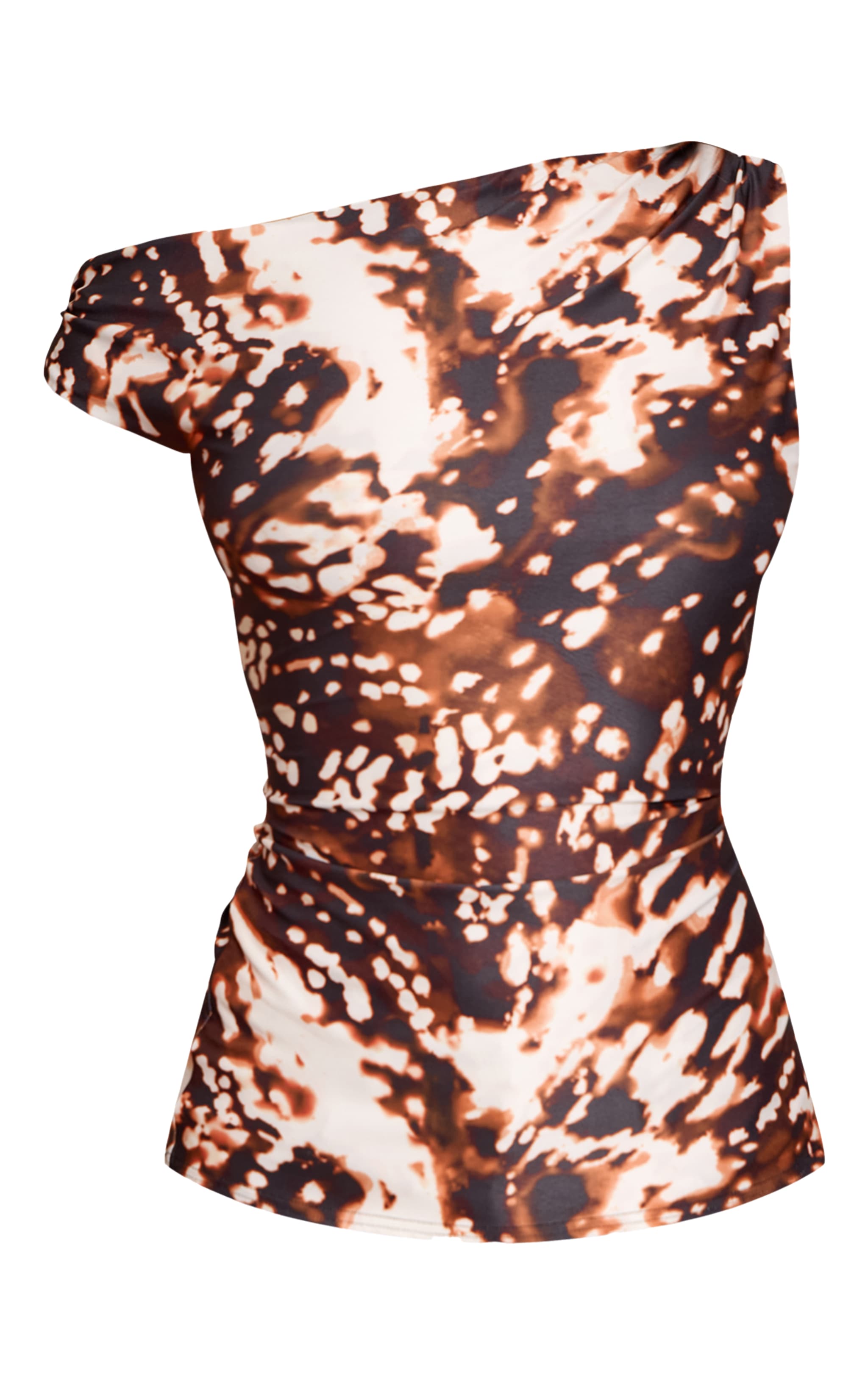 Brown Abstract Print Slinky Asymmetric Ruched Detail Long Top image 5