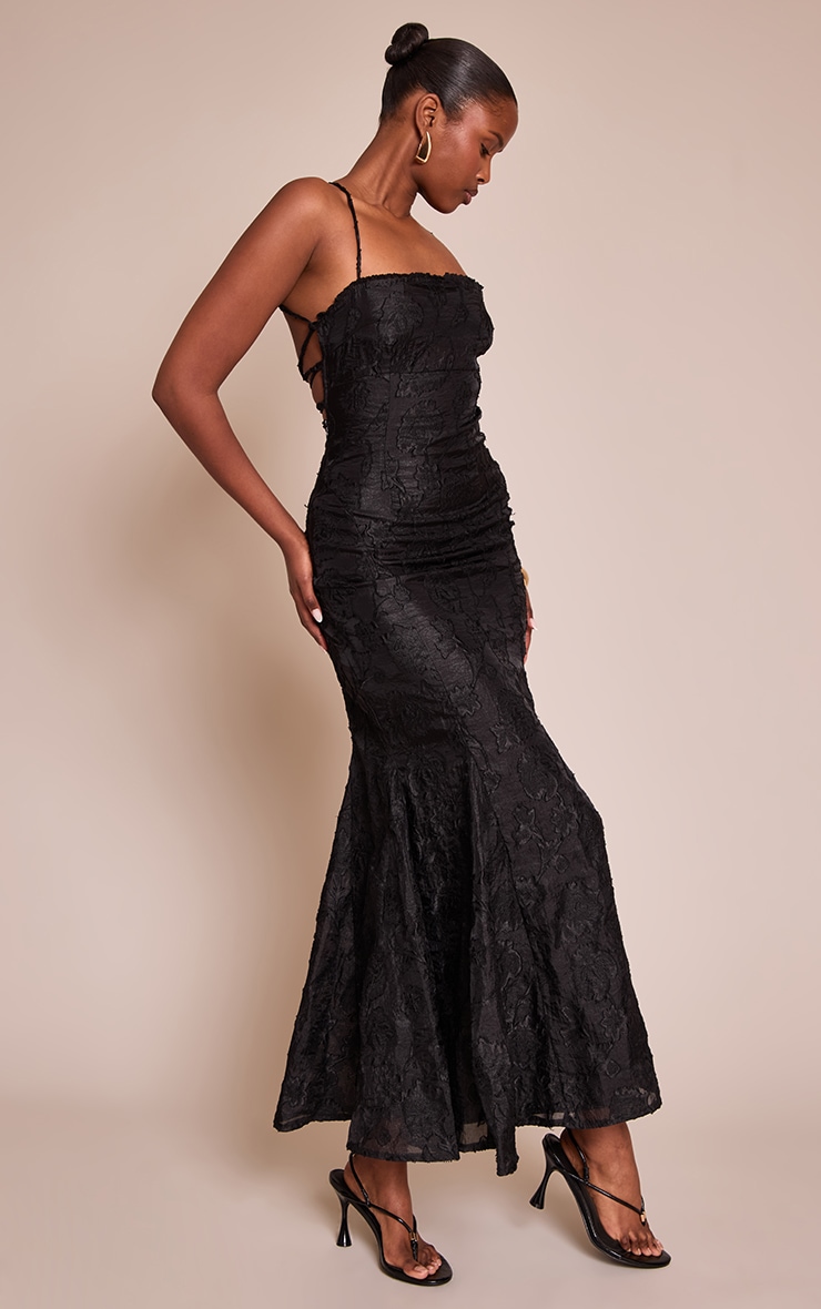 Black Textured Lace Up Back Maxi Dress image 3