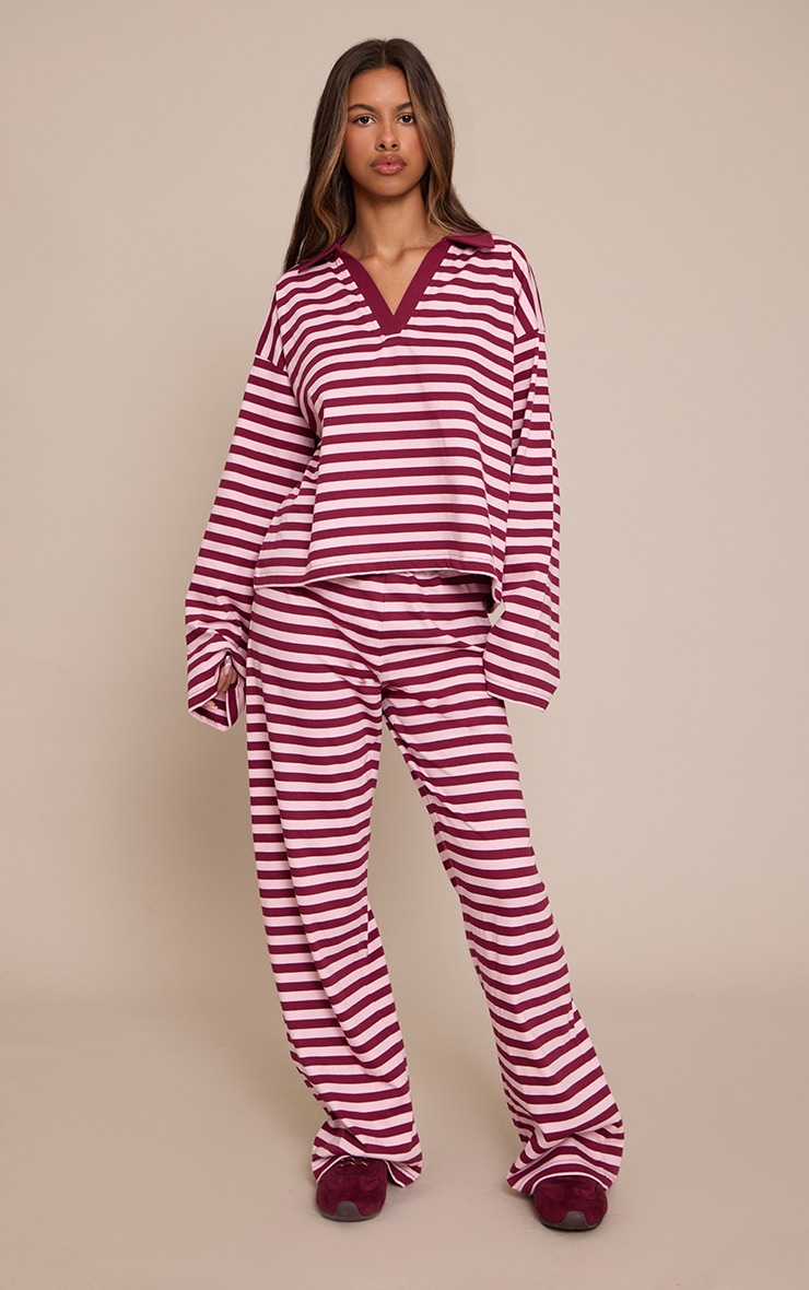 Petite Burgundy Striped Collared V Neck Top image 3