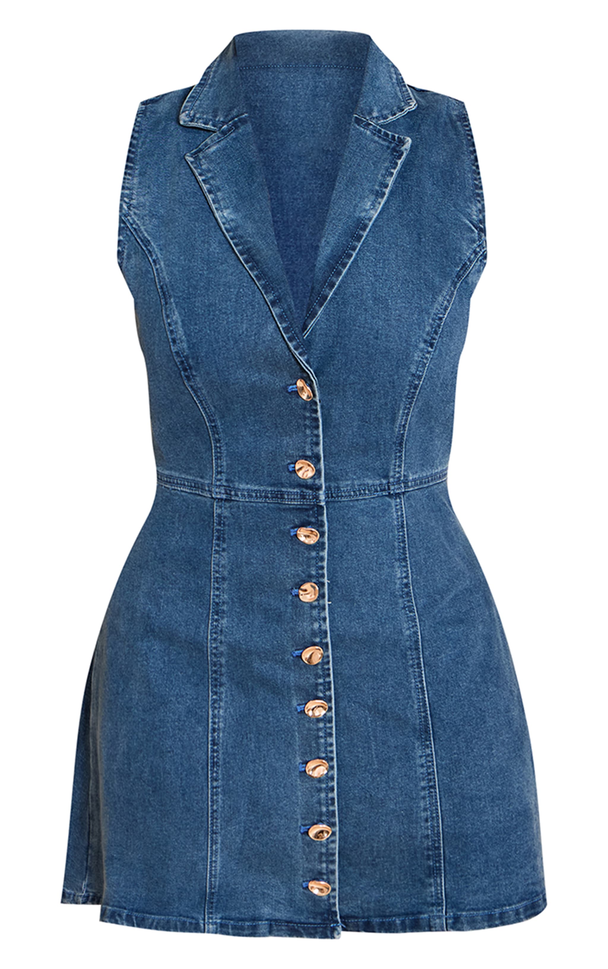 Sculpt Mini-robe en denim stretch bleu foncé à col et boutonnée sur le devant. image 5