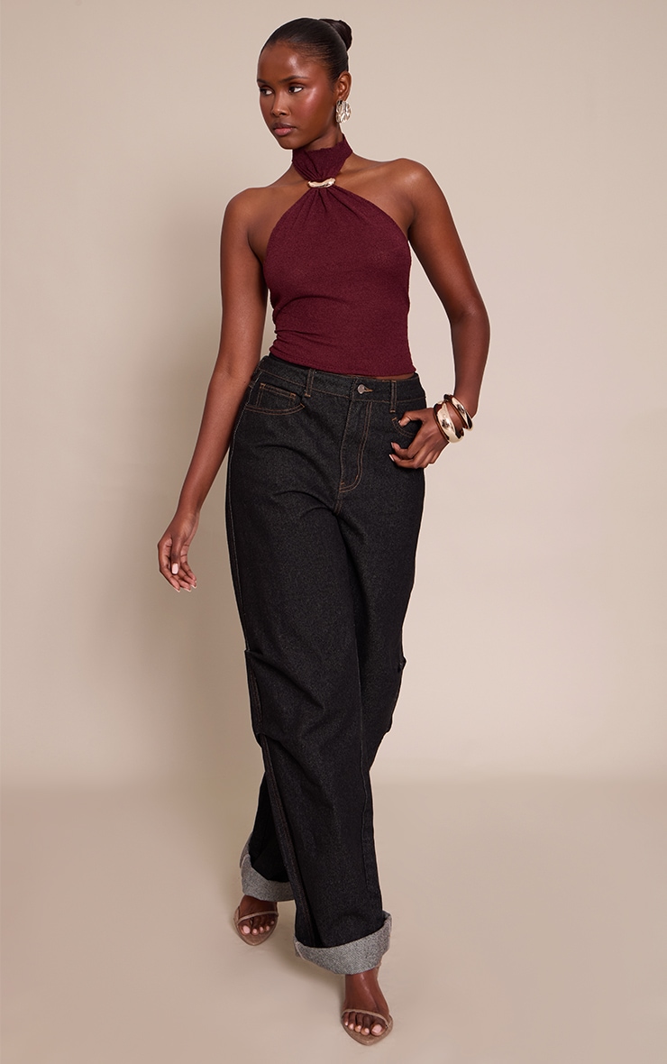 Burgundy High Neck Cuff Detail Knitted Top image 3