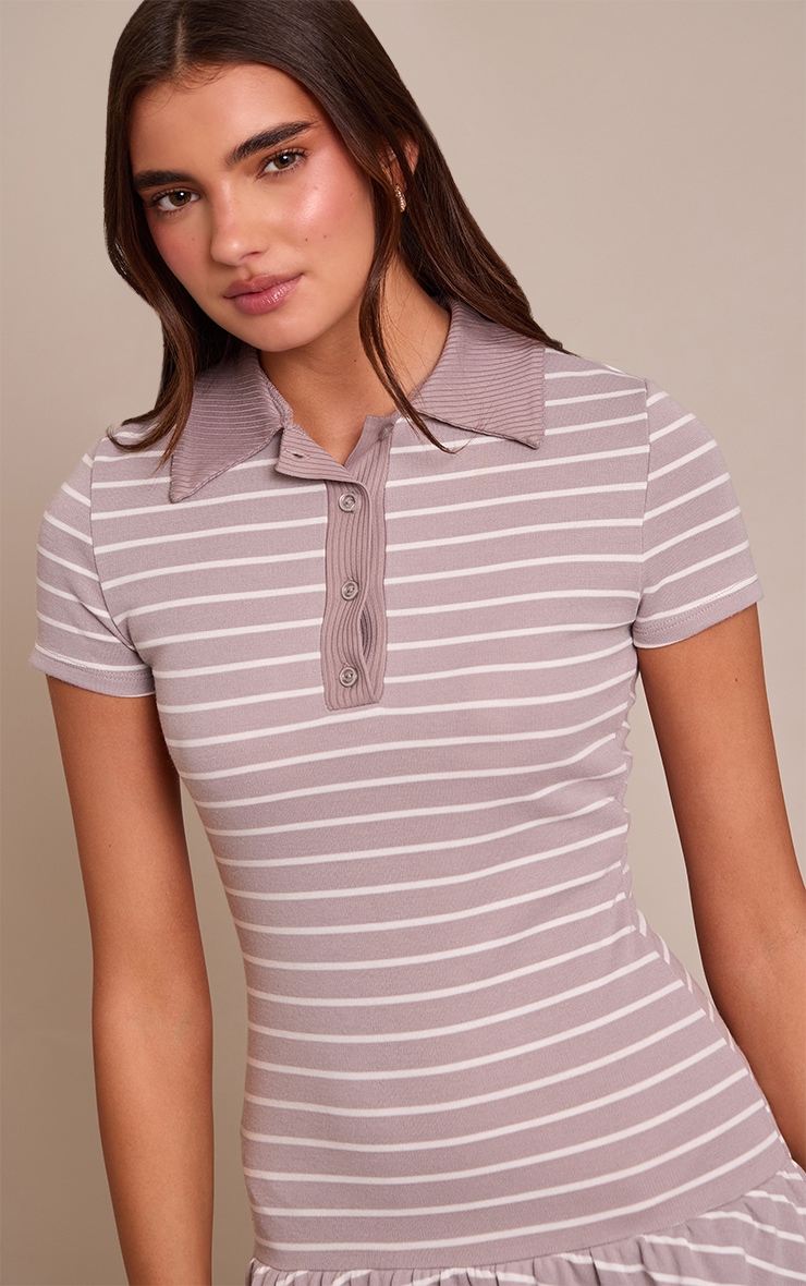 Grey Striped Collar Detail Shift Dress image 4