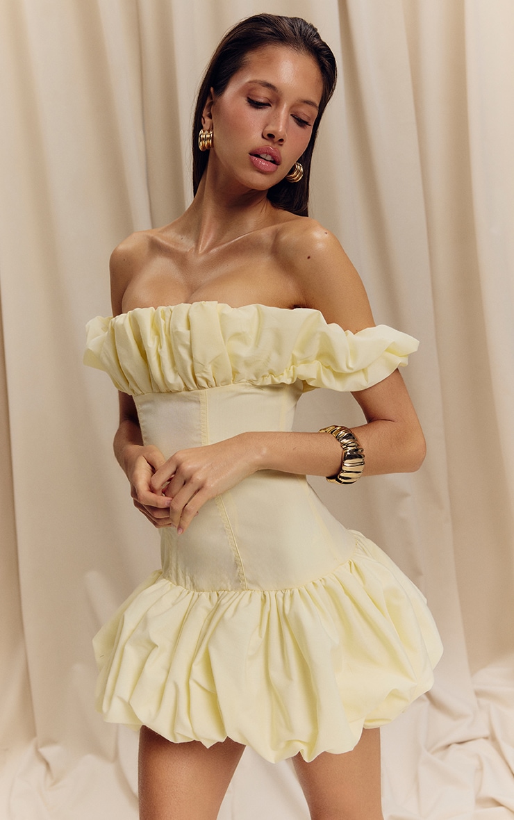 Lemon Ruched Bardot Puff Hem Bodycon Dress image 4
