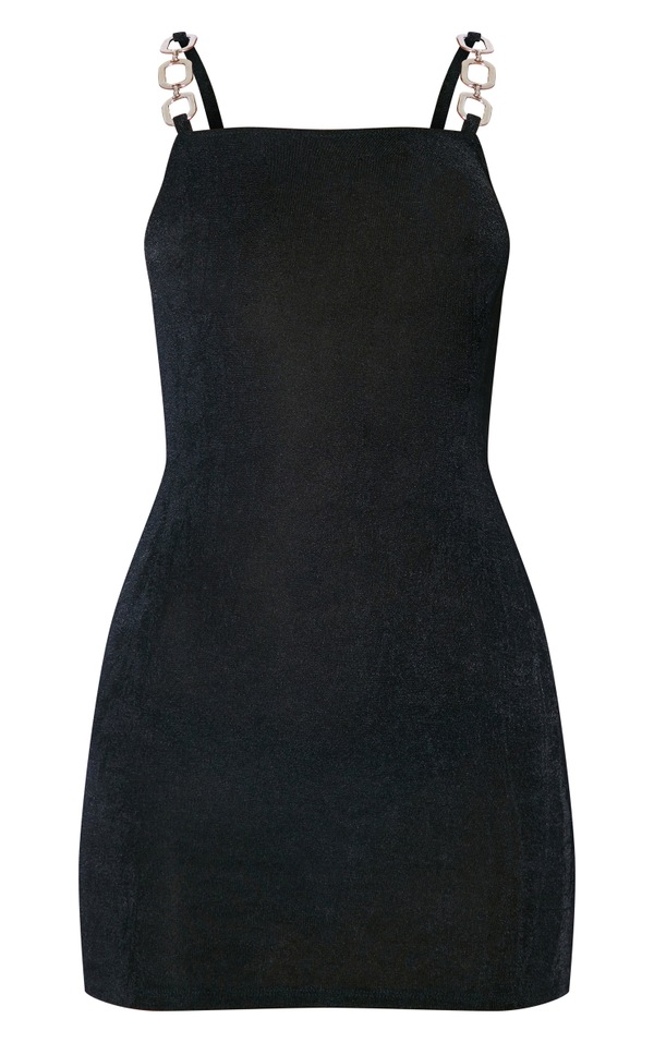 Black Acetate Slinky Ring Strap Detail Bodycon Dress image 1