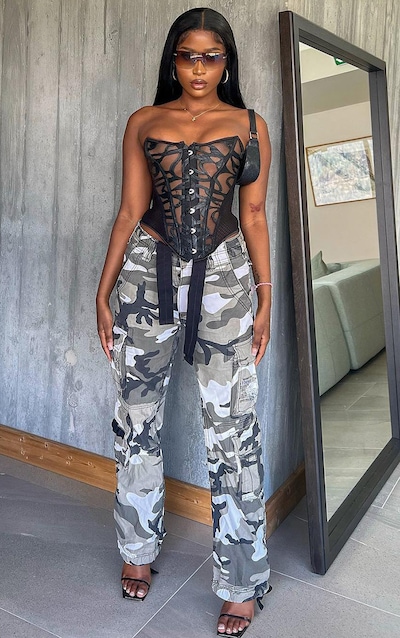 Black Textured Mesh Ribbon Back Corset