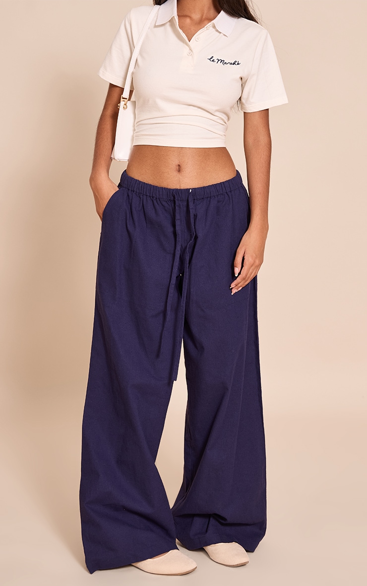 Petite Navy Linen Drawstring Waist Pants image 3