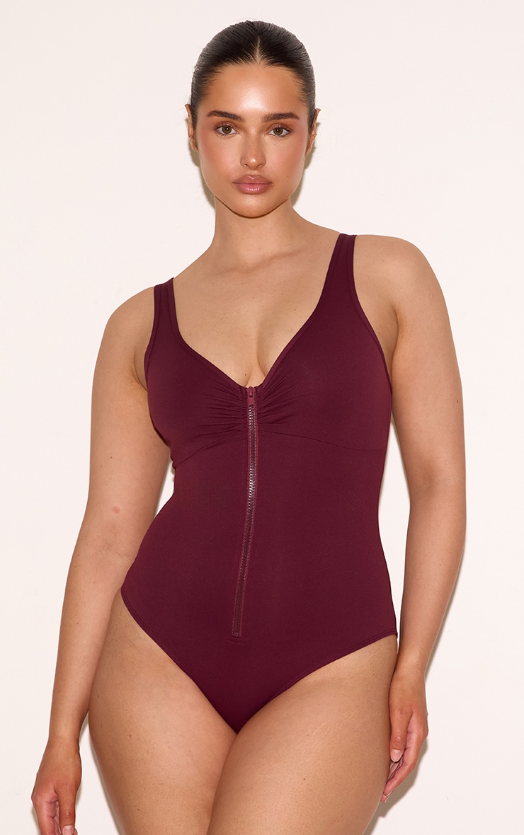 Shape Wine Active Ruched Zip Front Bodysuit | Shape