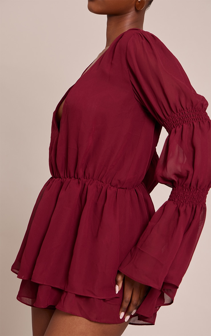 Burgandy Chiffon V Neck Long Ruched Sleeve Romper image 4