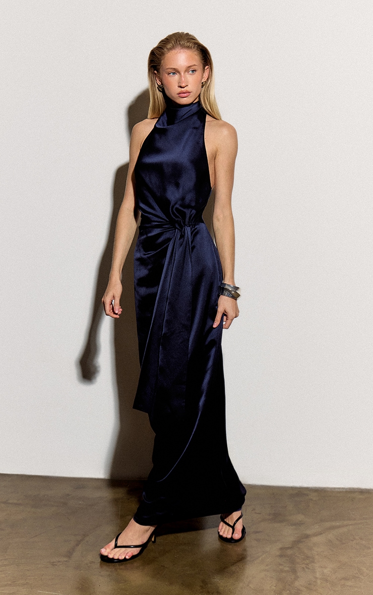 Navy Satin Tie Knot Drape Detail Maxi Dress image 1