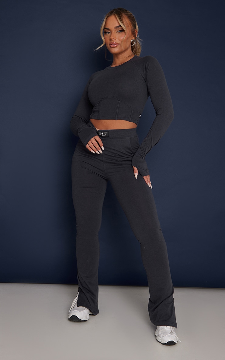 PRETTYLITTLETHING Charcoal Badge Skinny Flared Trousers