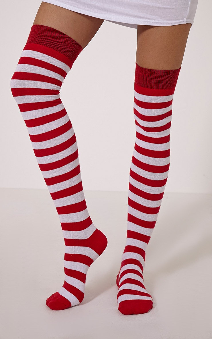 Icia Red Candy Cane Stripe Over The Knee Socks PrettyLittleThing