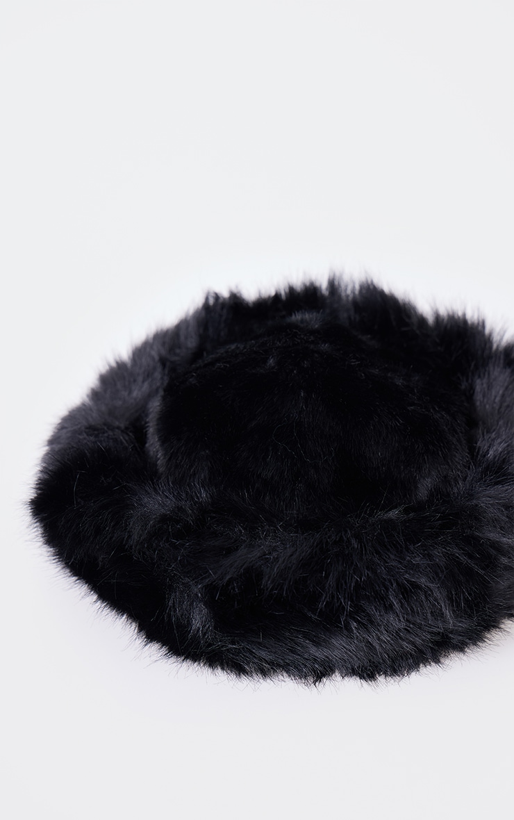 Black Faux Fur Fluffy Trim Bucket Hat image 3