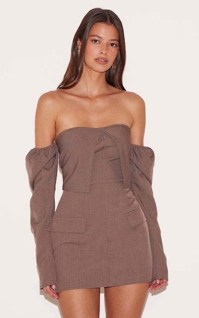 Mini robe de tailleur manches longues tissée gris champignon à col bardot et poches