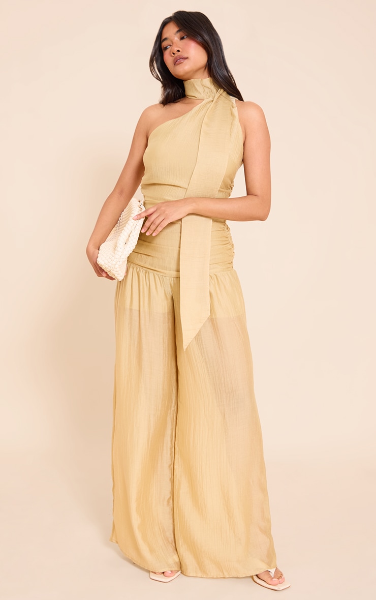 Mustard Textured One Shoulder Scarf Detail Jumpsuit image 3