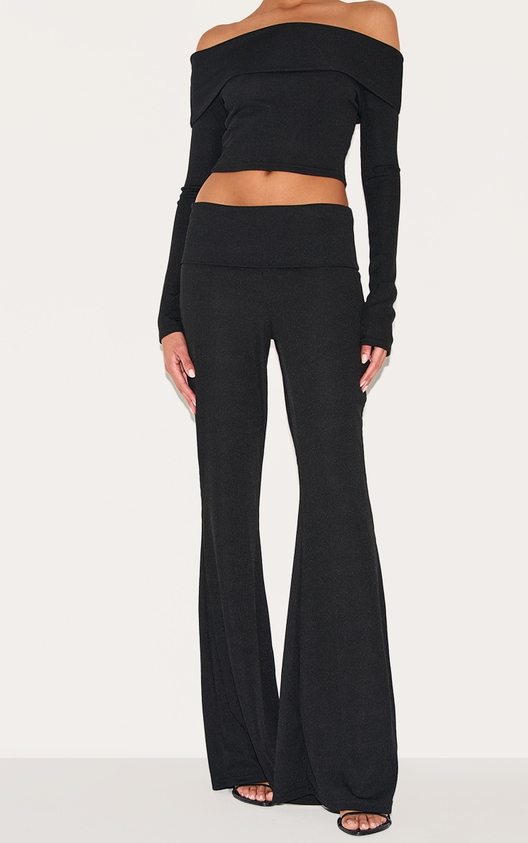 Black Rib Low Rise Foldover Flared Pants image 2