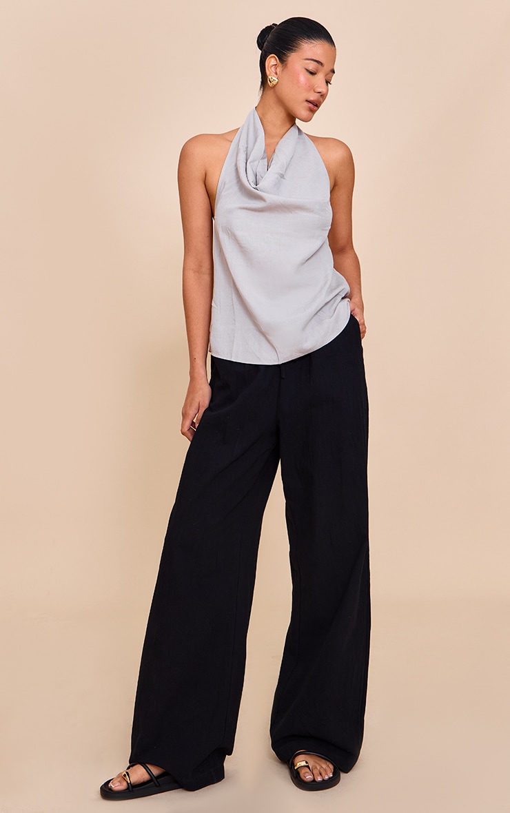Grey Linen Blend Cowl Neck Backless Long Top image 3
