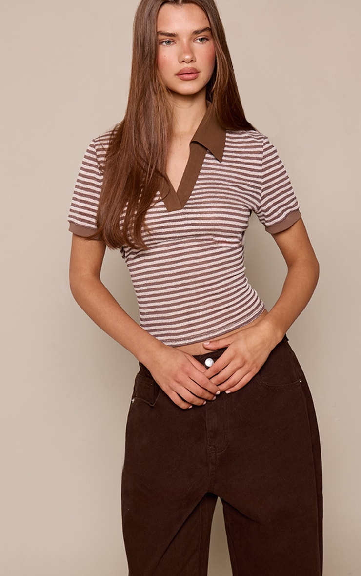 Chocolate Textured Stripe Rugby Style Top
