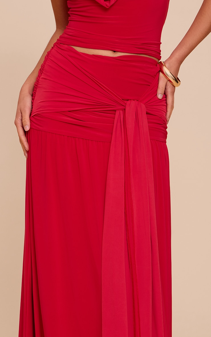Tomato Red Double Layer Slinky Knot Drape Maxi Skirt image 4