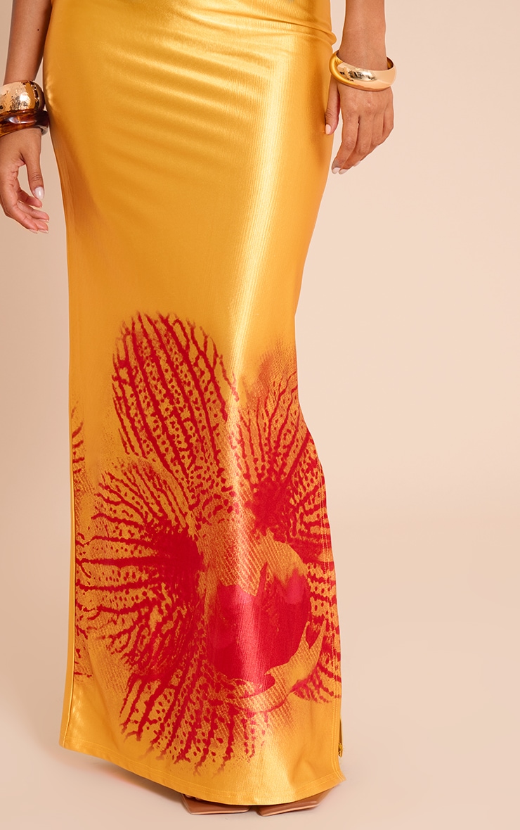 Orange Print Stretch Satin Maxi Skirt image 4