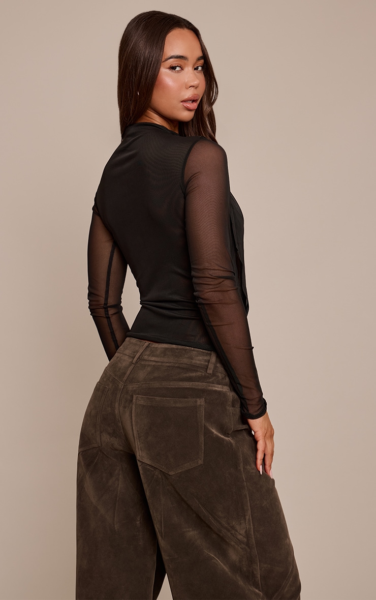 Black High Neck Mesh Drapey Long Sleeve Top image 2