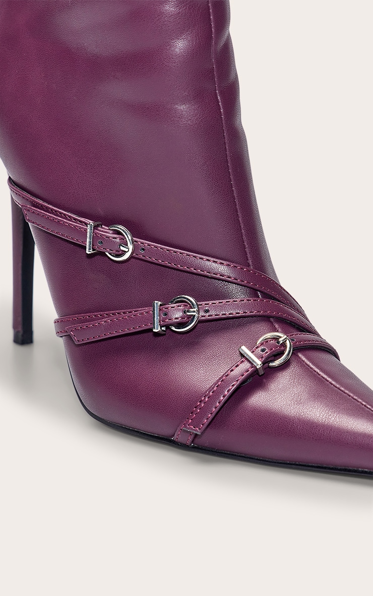 Plum PU Buckle Strap Stiletto Ankle Boot image 5