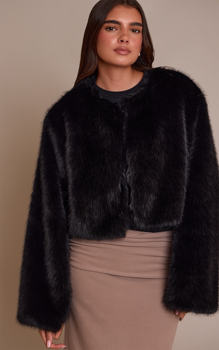 Black Cropped Faux Fur Coat image 1