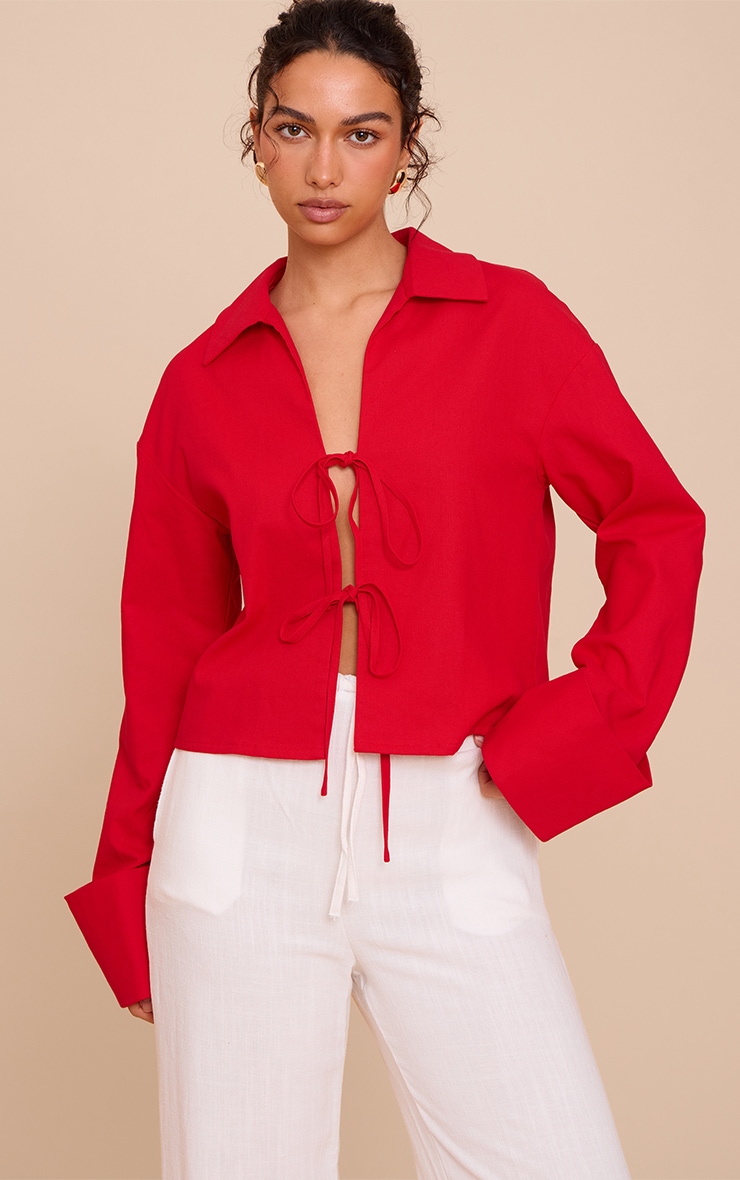 Tomato Tie Front Linen Look Collar Blazer image 1