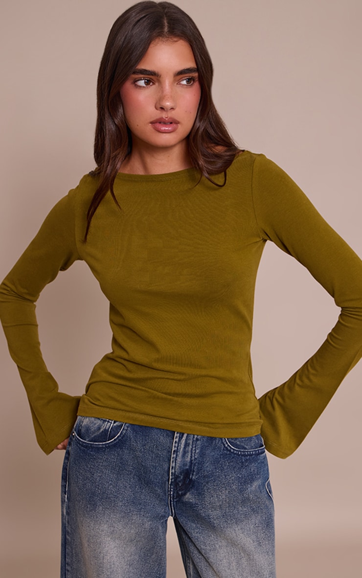 Olive Soft Cotton Boat Neck Flared Long Sleeve Top image 1