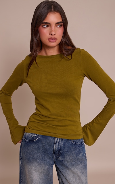 Olive Soft Cotton Boat Neck Flared Long Sleeve Top